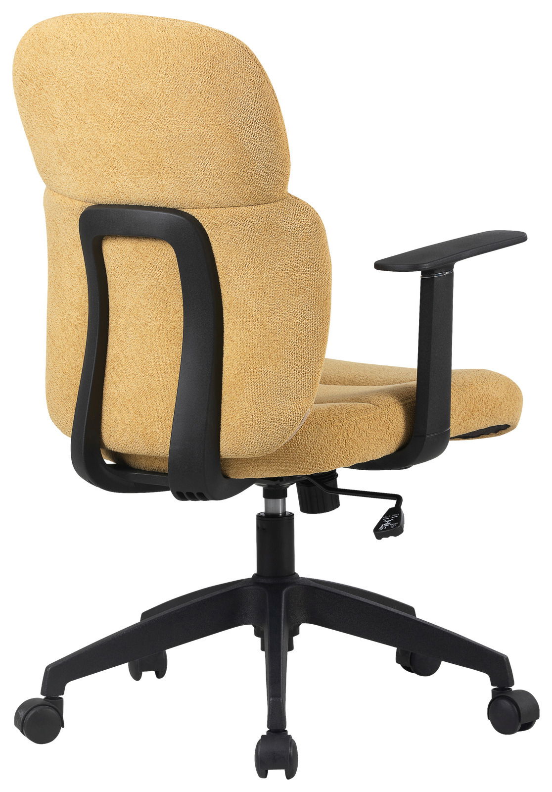 Rückansicht eines gelben Drehstuhls mit schwarzem Gestell und Armlehnen