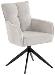 Beiger Armlehnstuhl mit schwarzem Metallgestell, seitliche Perspektive