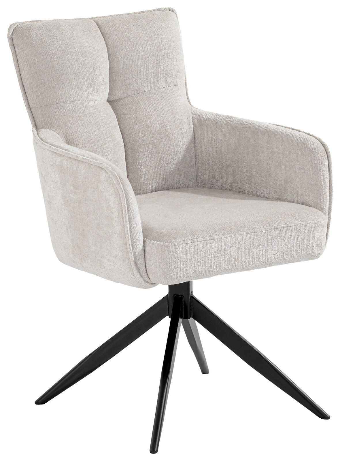 Beiger Armlehnstuhl mit schwarzem Metallgestell, seitliche Perspektive