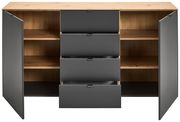 Frontale Ansicht eines modernen Sideboards mit offenen Schubladen und Türen, in Holzoptik und grauem Finish.