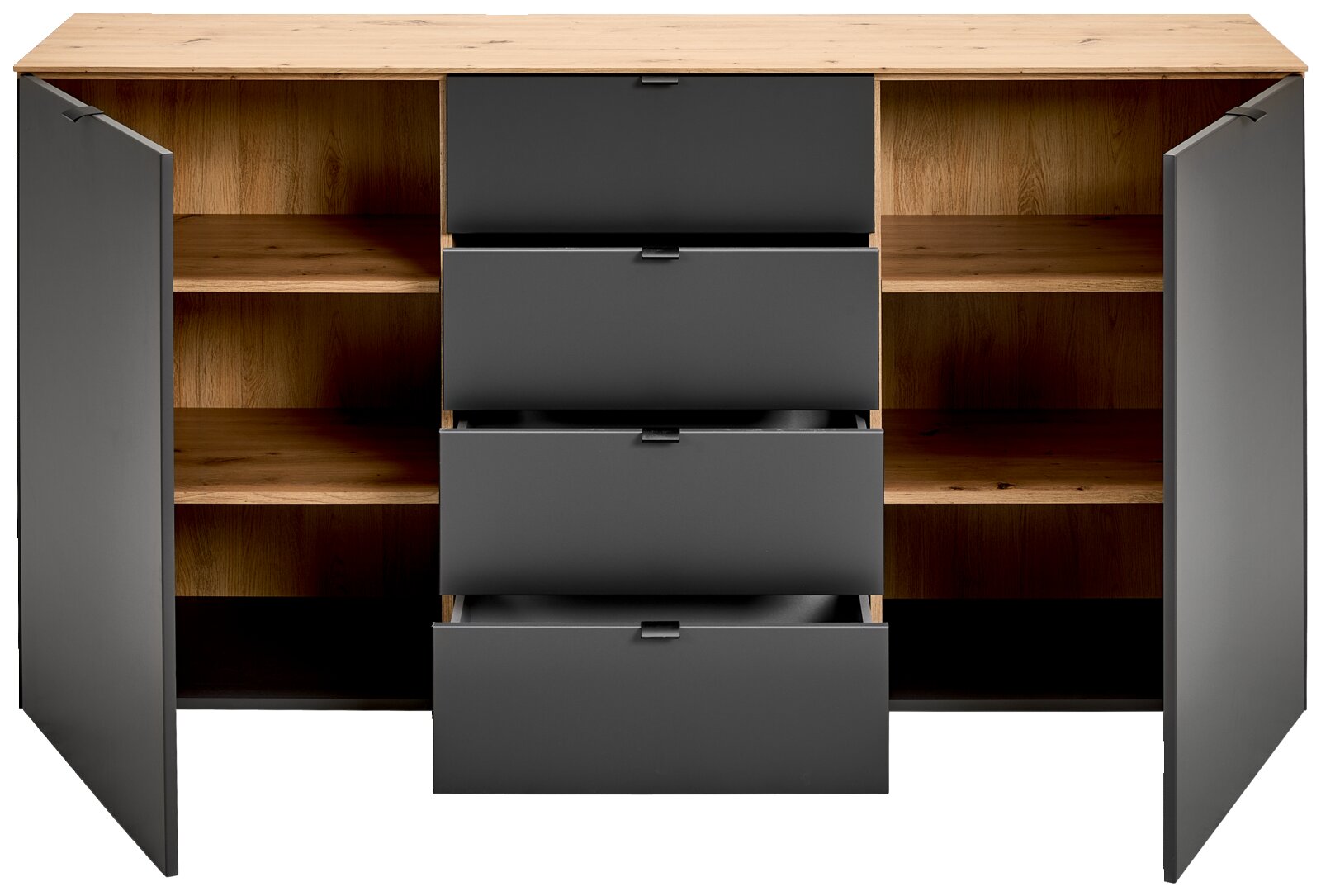 Vooraanzicht van een modern dressoir met open lades en deuren, in houtlook en grijze afwerking.