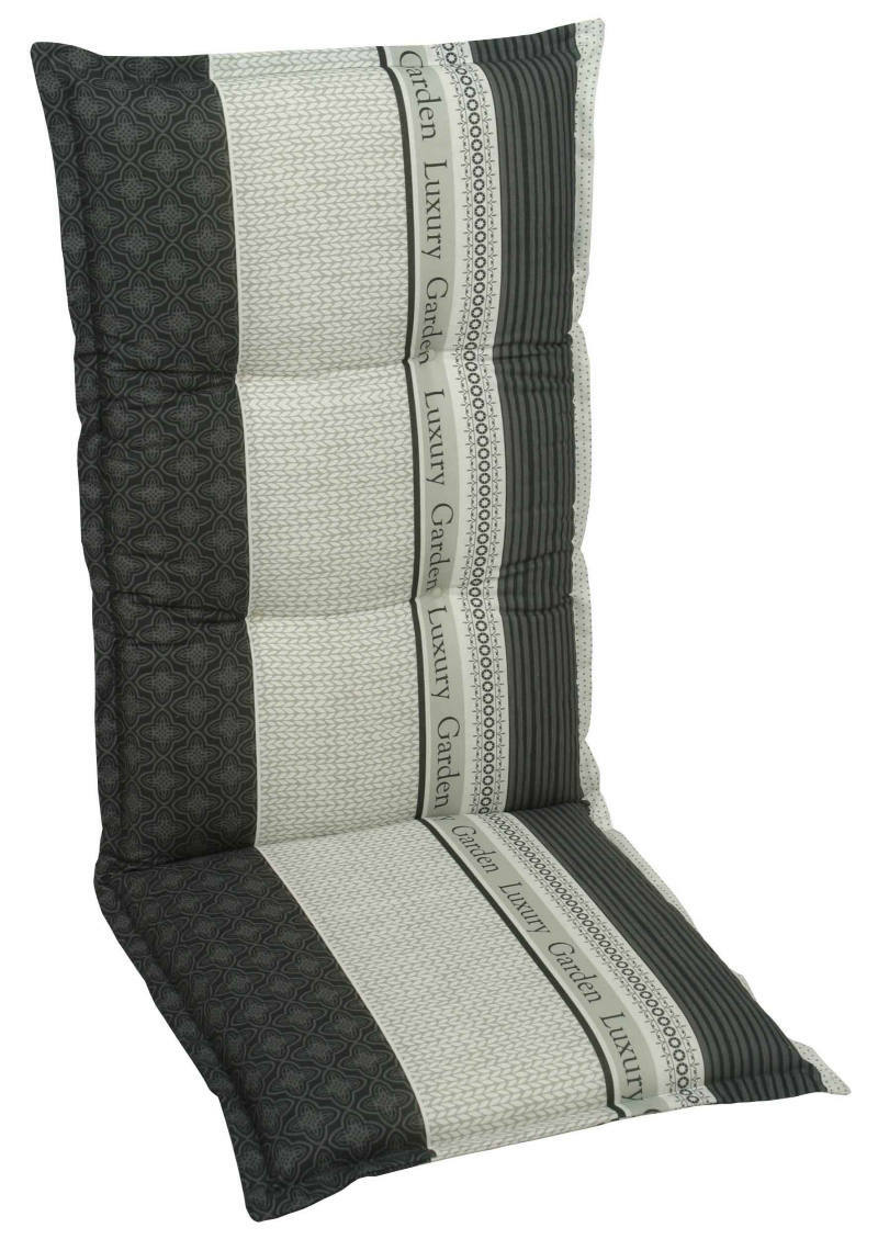 Sesselauflage mit grünem und cremefarbenem Streifenmuster, seitliche Perspektive