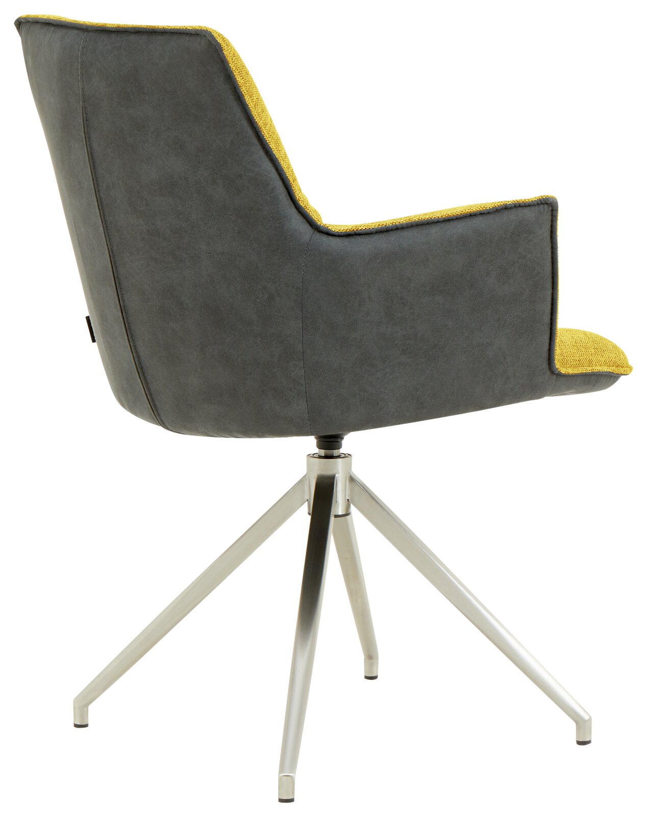 Moderner Sessel mit grauem Bezug und gelben Akzenten, auf einem Metallgestell, seitliche Rückansicht.