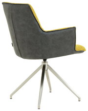 Moderner Sessel mit grauem Bezug und gelben Akzenten, auf einem Metallgestell, seitliche Rückansicht.