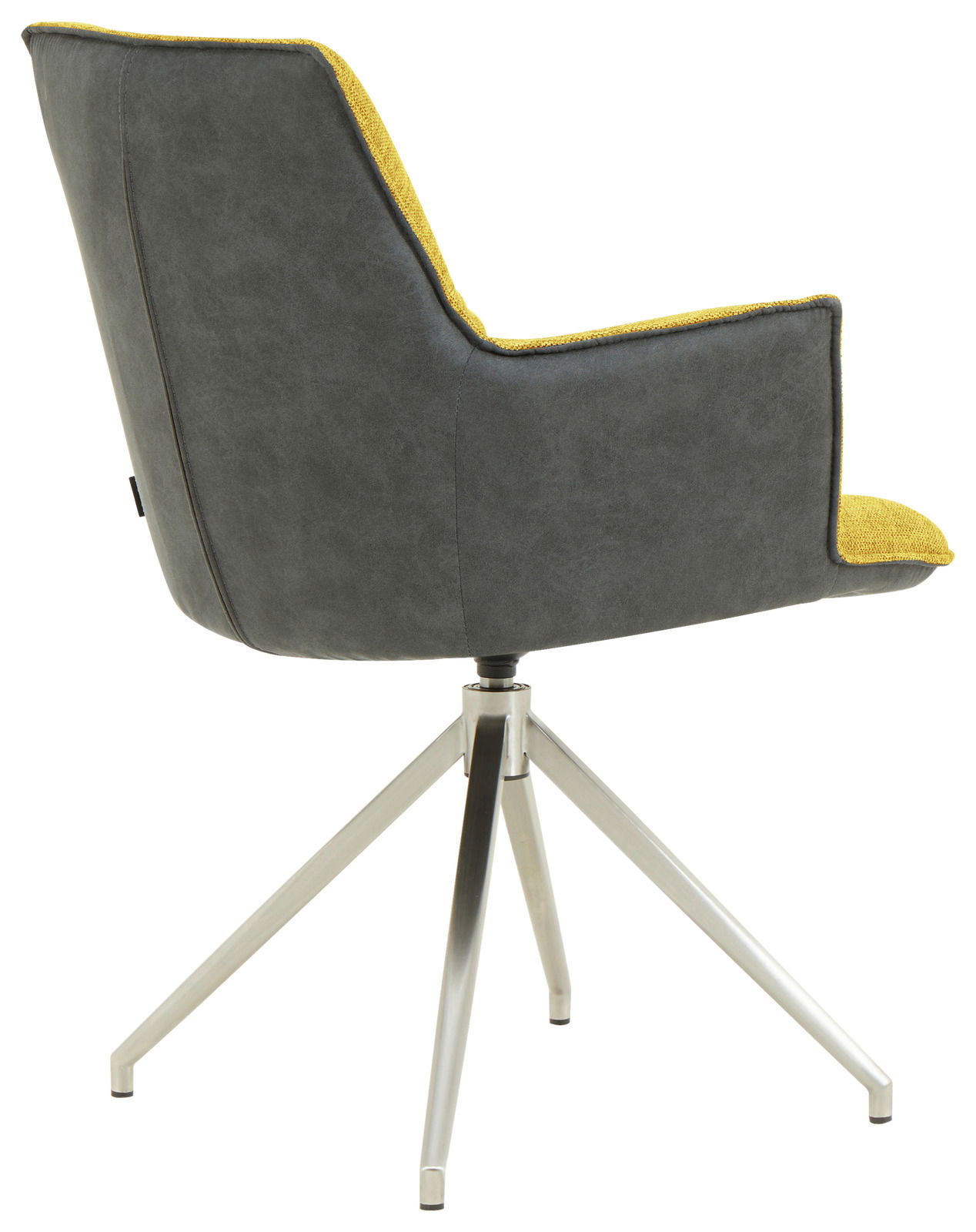 Moderner Sessel mit grauem Bezug und gelben Akzenten, auf einem Metallgestell, seitliche Rückansicht.
