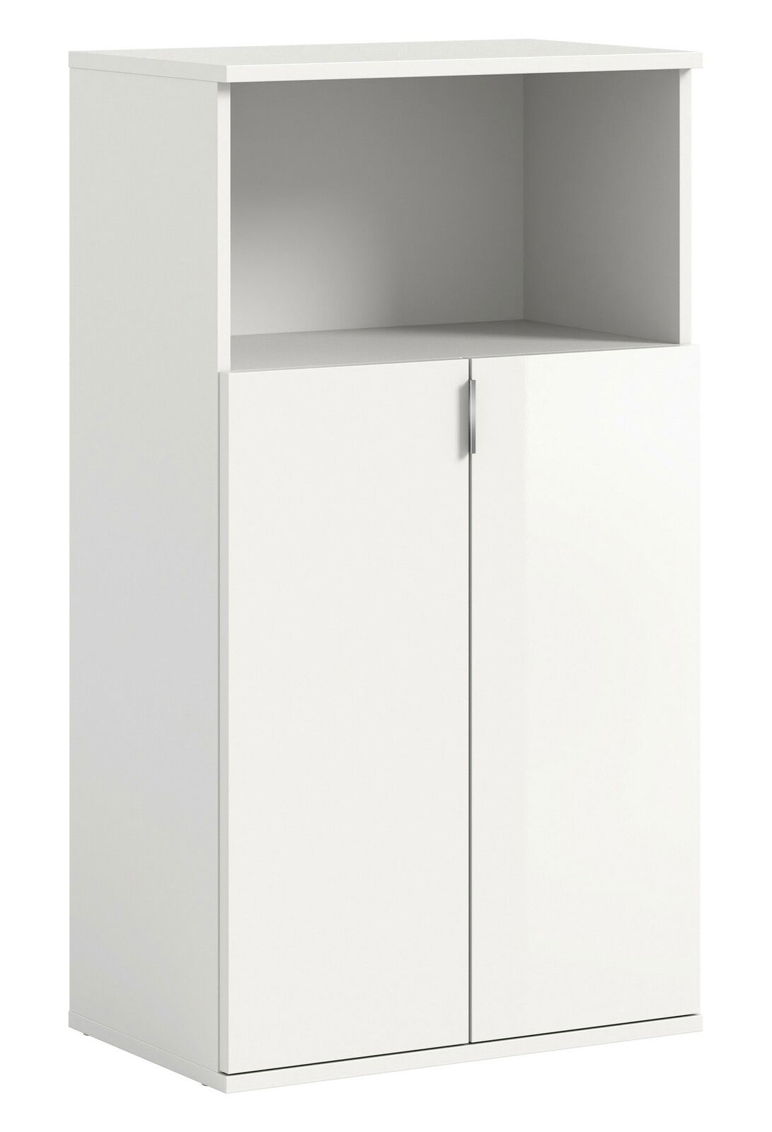 Weiße Schuhkommode mit zwei Türen und einem offenen Fach, Frontalansicht