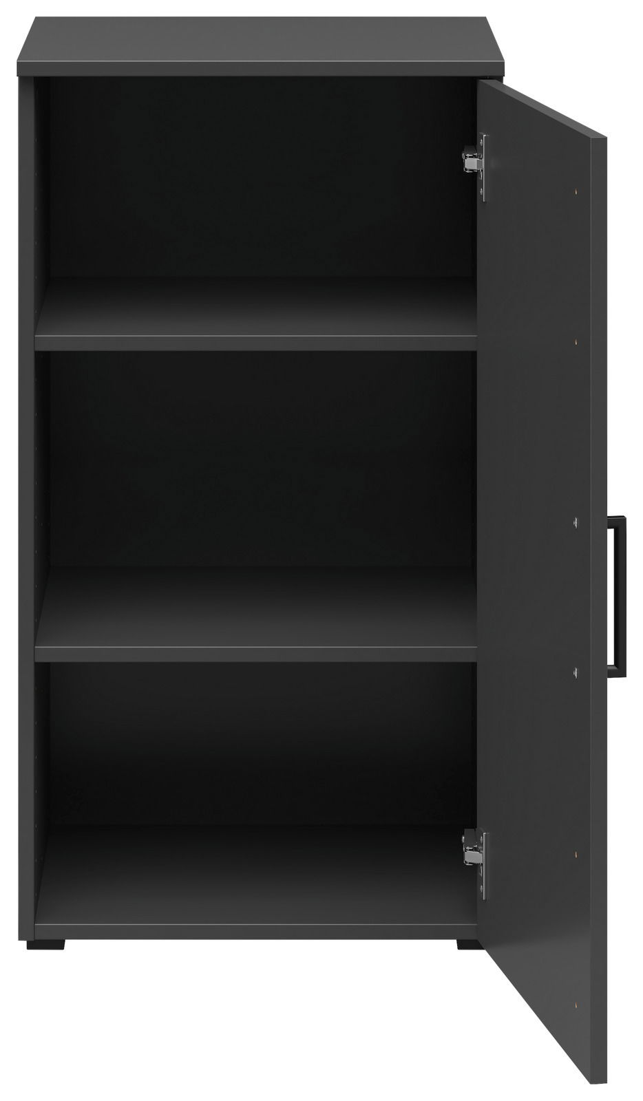 Schwarze Kommode mit geöffneter Tür, zeigt zwei Regalböden, Frontalansicht
