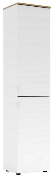 Hoher, weißer Büroschrank mit zwei Türen, seitliche Perspektive