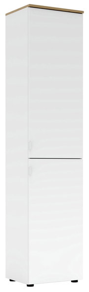 Hoher, weißer Büroschrank mit zwei Türen, seitliche Perspektive