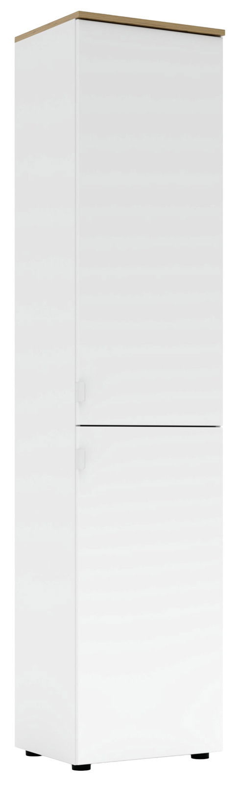 Hoher, weißer Büroschrank mit zwei Türen, seitliche Perspektive