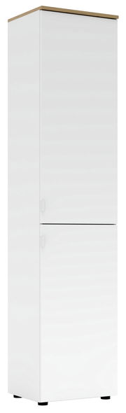 Hoher, weißer Büroschrank mit zwei Türen, seitliche Perspektive