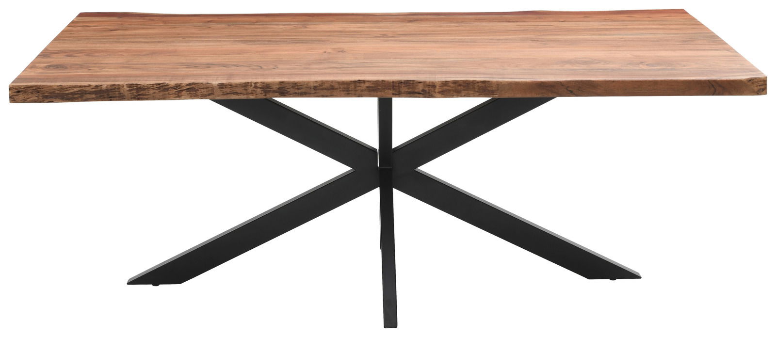 Moderner Esstisch mit Holzplatte und schwarzem Metallgestell, Frontalansicht