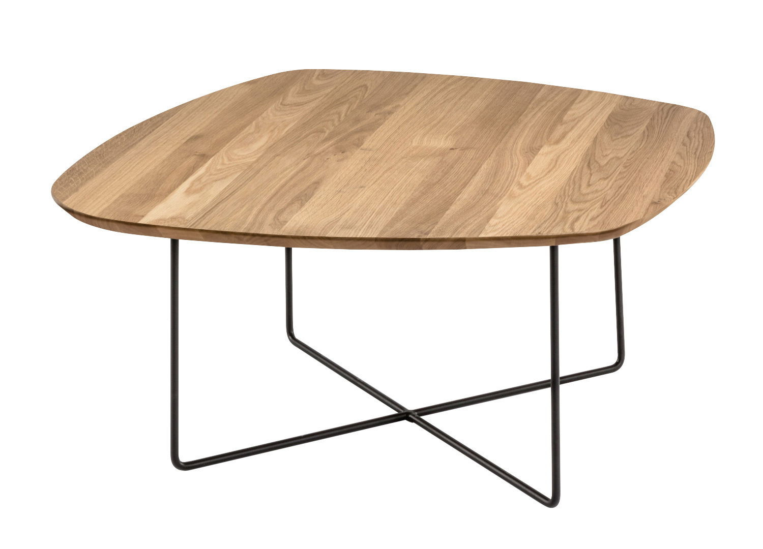 Zurbrüggen Couchtisch SOFT Moderner Couchtisch mit einer Tischplatte aus hellem Holz und einem filigranen Metallgestell, seitliche Perspektive.