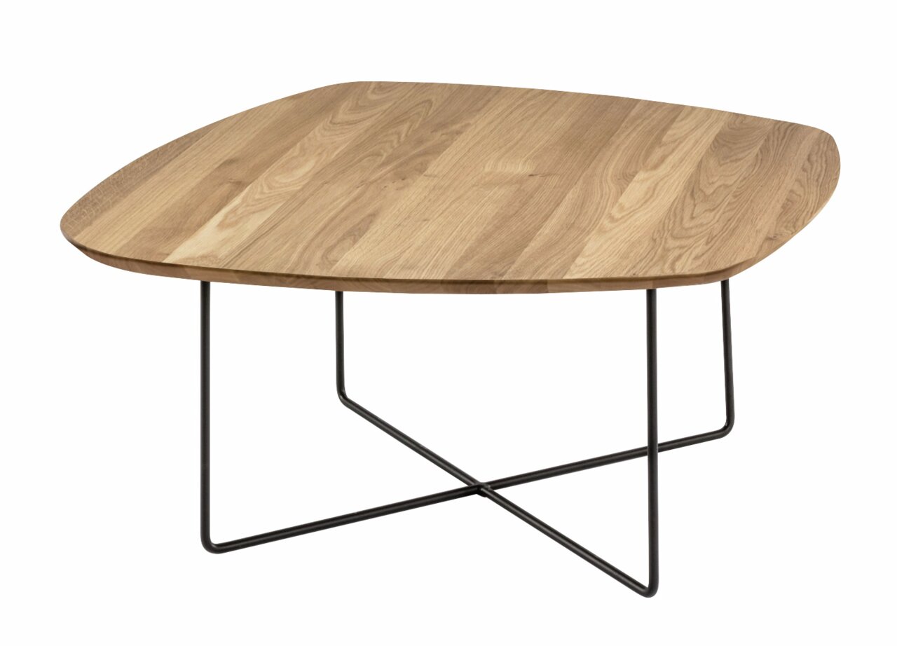 Moderner Couchtisch mit einer Tischplatte aus hellem Holz und einem filigranen Metallgestell, seitliche Perspektive.