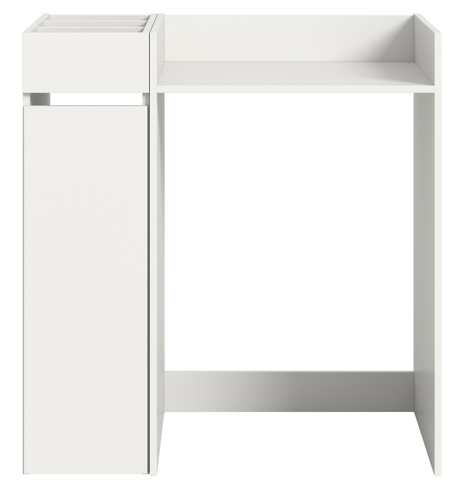 Frontale Ansicht eines weißen Waschmaschinenumbausets mit Ablagefläche und seitlichem Fach.