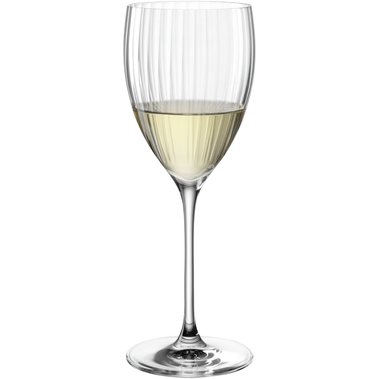 Rieslingglas POESIA 350 ml, gevuld met witte wijn, gefotografeerd vanuit een zijaanzicht