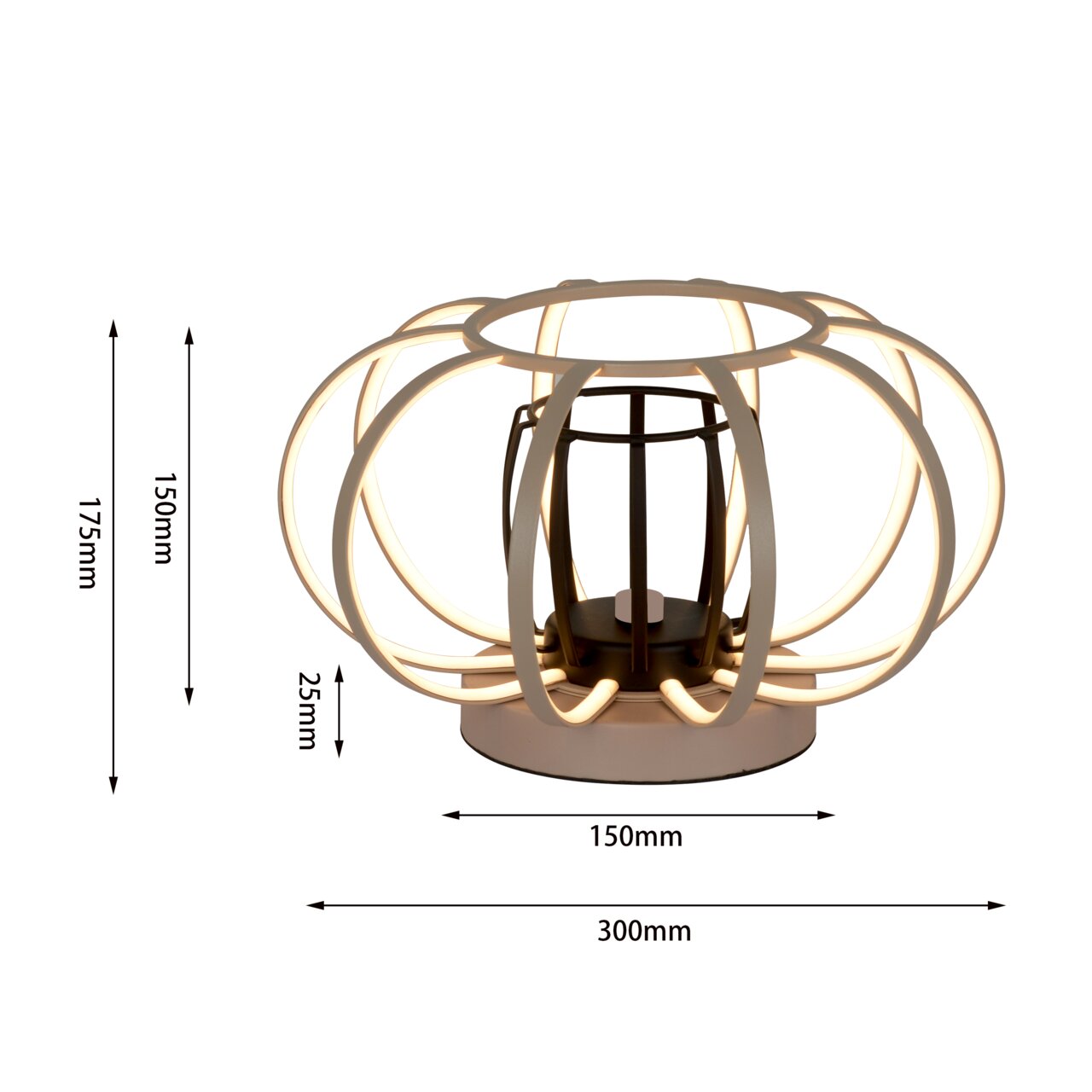 Moderne Tischleuchte mit kreisförmigem Design und leuchtenden LED-Streifen, seitliche Perspektive