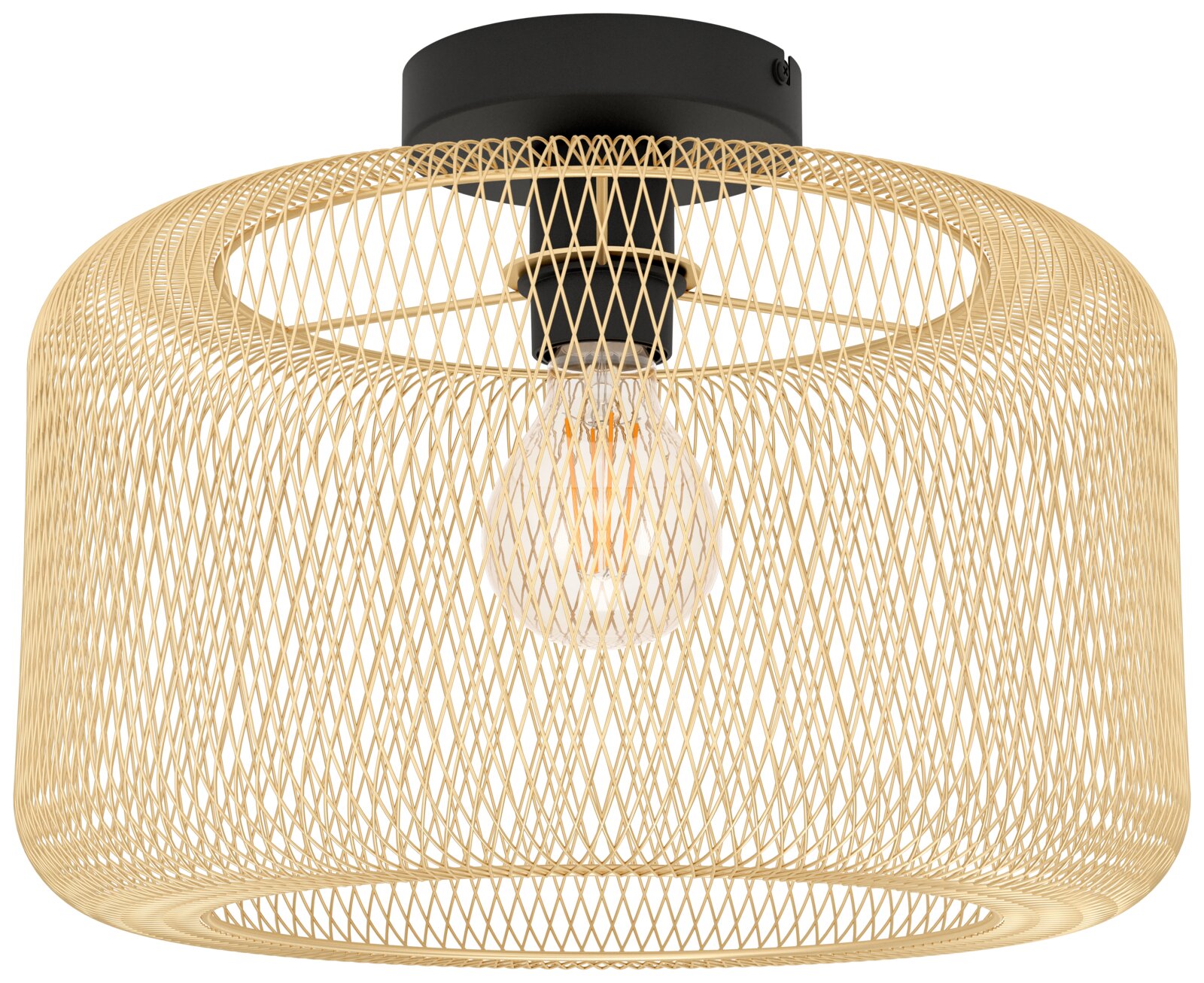 Deckenleuchte mit beigem, geflochtenem Rattan-/Bambus-Lampenschirm in ovaler Form und schwarzer Deckenhalterung, mittig sichtbares Leuchtmittel, Frontansicht