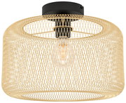 Deckenleuchte mit beigem, geflochtenem Rattan-/Bambus-Lampenschirm in ovaler Form und schwarzer Deckenhalterung, mittig sichtbares Leuchtmittel, Frontansicht