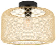 Deckenleuchte mit beigem, geflochtenem Rattan-/Bambus-Lampenschirm in ovaler Form und schwarzer Deckenhalterung, mittig sichtbares Leuchtmittel, Frontansicht