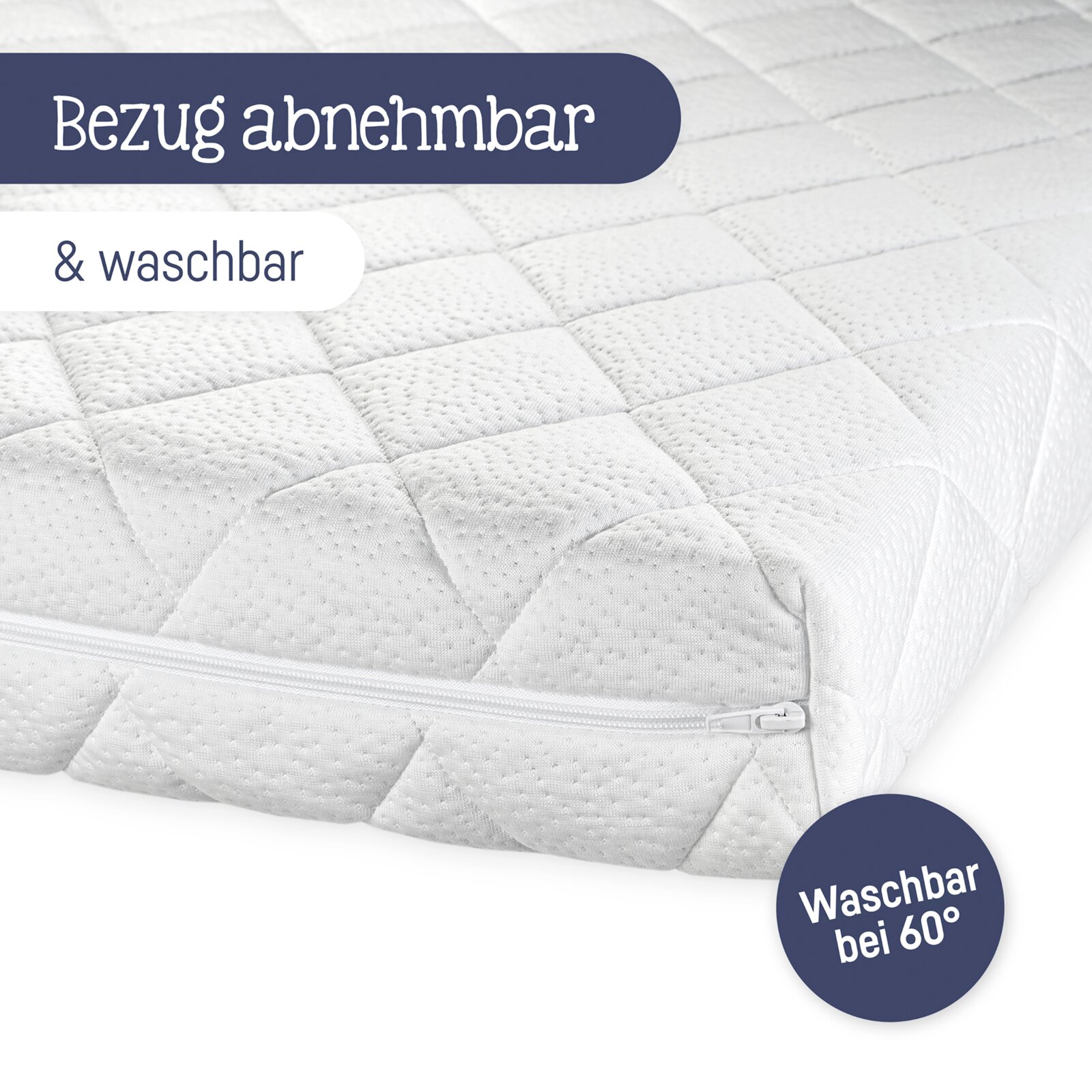 Nahaufnahme einer Matratze mit abnehmbarem und waschbarem Bezug, perspektivisch von der Seite mit sichtbarem Reißverschluss.