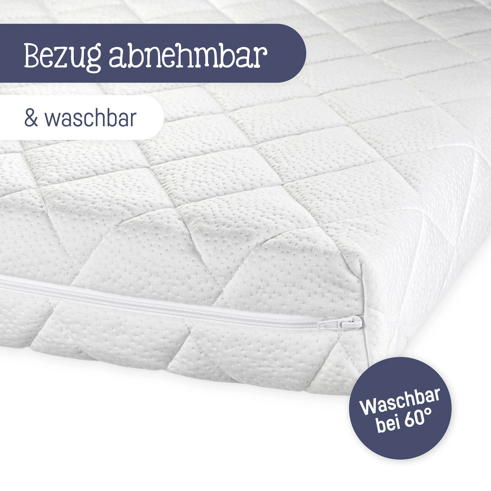 Nahaufnahme einer Matratze mit abnehmbarem und waschbarem Bezug, perspektivisch von der Seite mit sichtbarem Reißverschluss.
