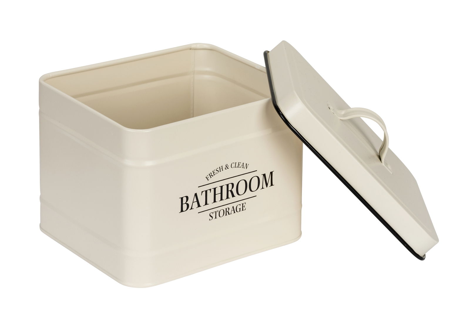 Beige Badbox mit Deckel, geöffnet, aus seitlicher Perspektive fotografiert, mit der Aufschrift 'Bathroom Storage'.