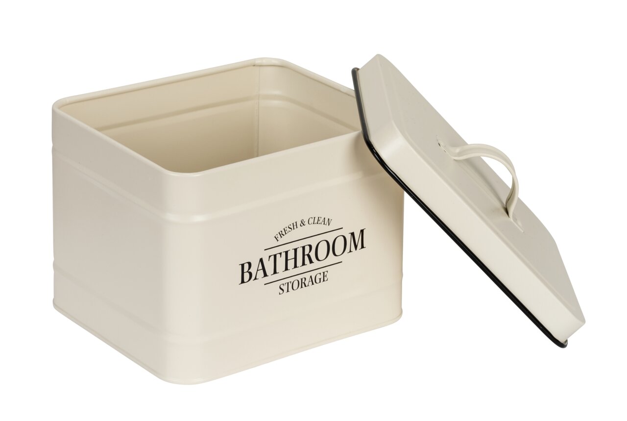 Beige badkamerbox met deksel, geopend, gefotografeerd vanuit zijaanzicht, met het opschrift 'Bathroom Storage'.