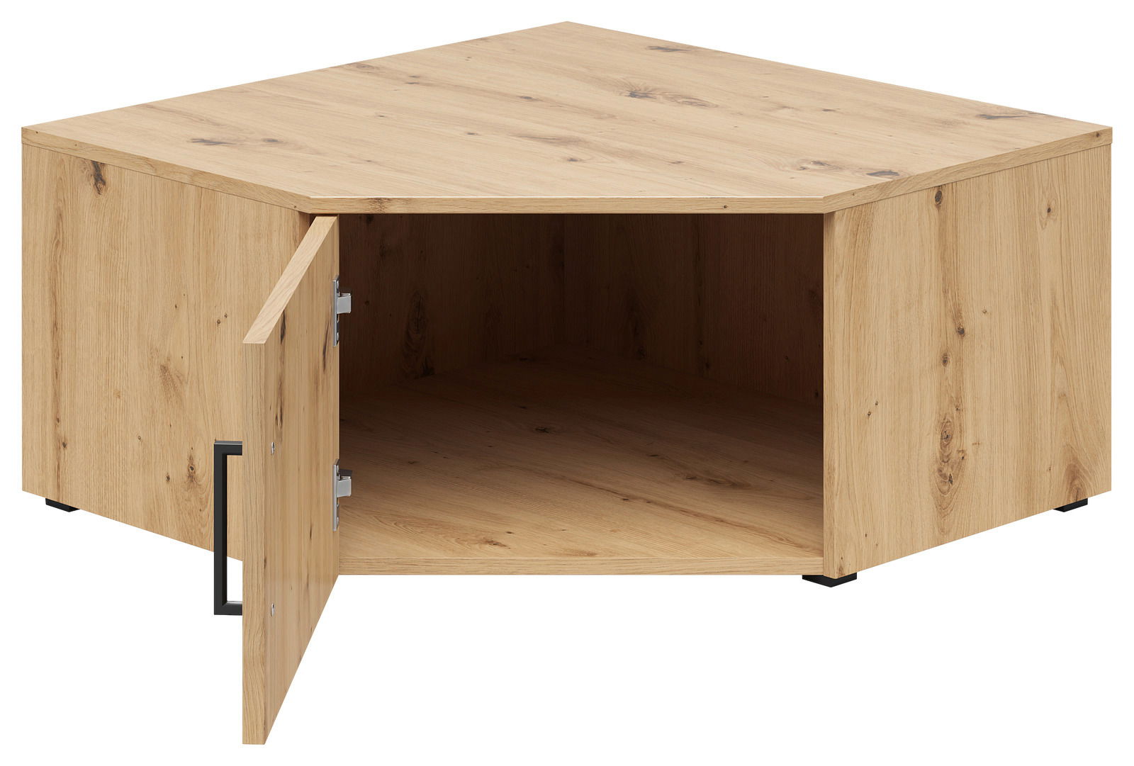 Eckaufsatzschrank aus Holz mit geöffneter Tür, Perspektive von vorne links