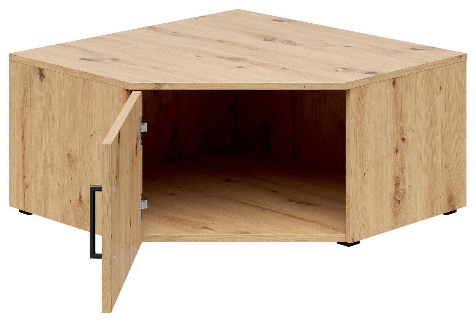 Eckaufsatzschrank aus Holz mit geöffneter Tür, Perspektive von vorne links