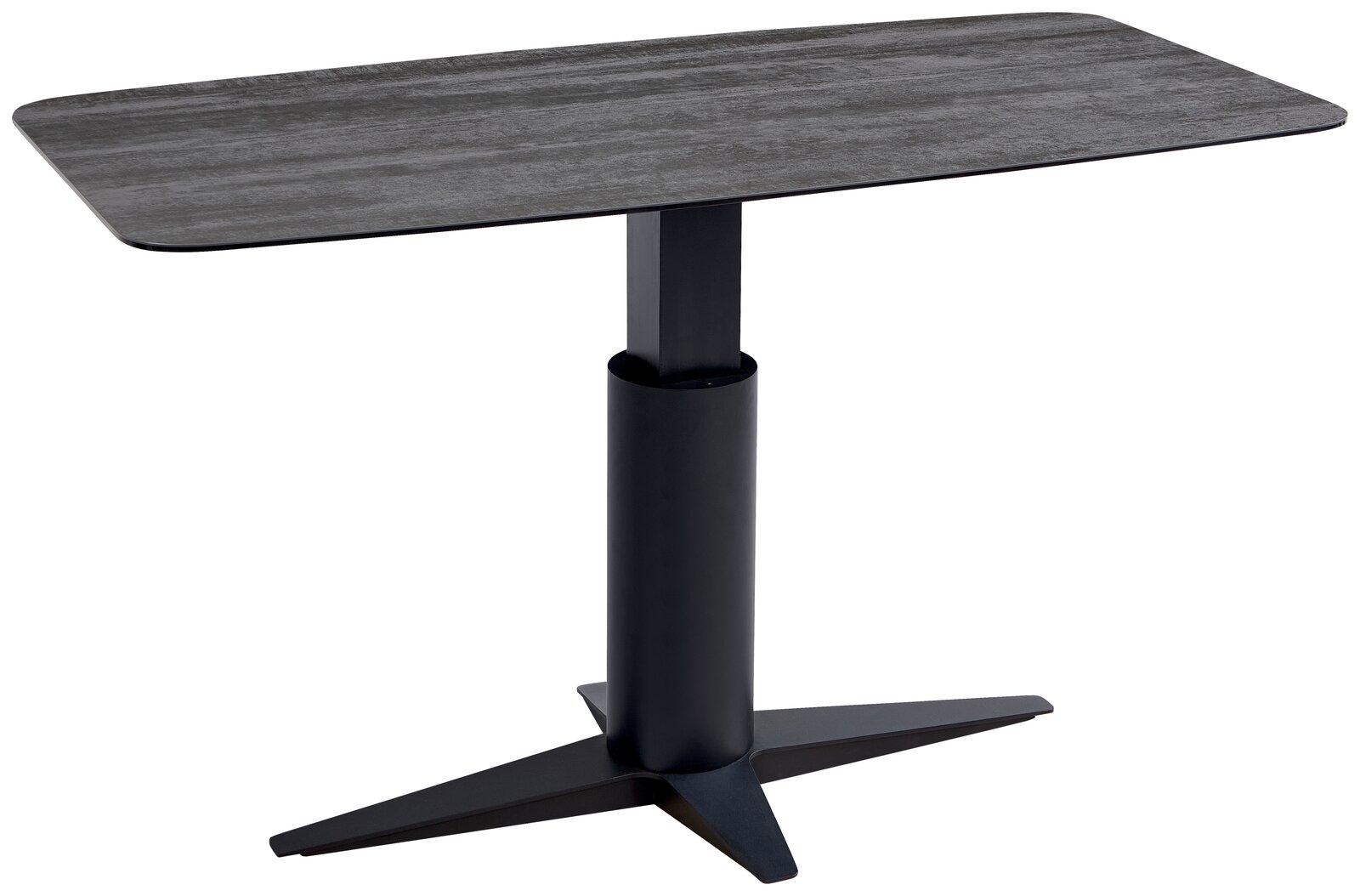 Moderner Esstisch mit rechteckiger, dunkler Tischplatte und stabilem, zentralem Standfuß aus Metall, seitliche Perspektive
