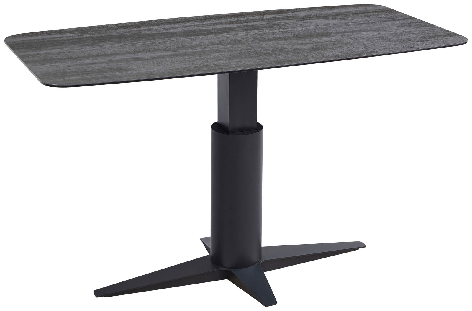 Moderner Esstisch mit rechteckiger, dunkler Tischplatte und stabilem, zentralem Standfuß aus Metall, seitliche Perspektive
