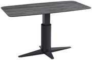 Moderner Esstisch mit rechteckiger, dunkler Tischplatte und stabilem, zentralem Standfuß aus Metall, seitliche Perspektive
