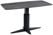Moderne eettafel met een rechthoekig, donker tafelblad en een stevige, centrale metalen poot, gezien vanaf de zijkant