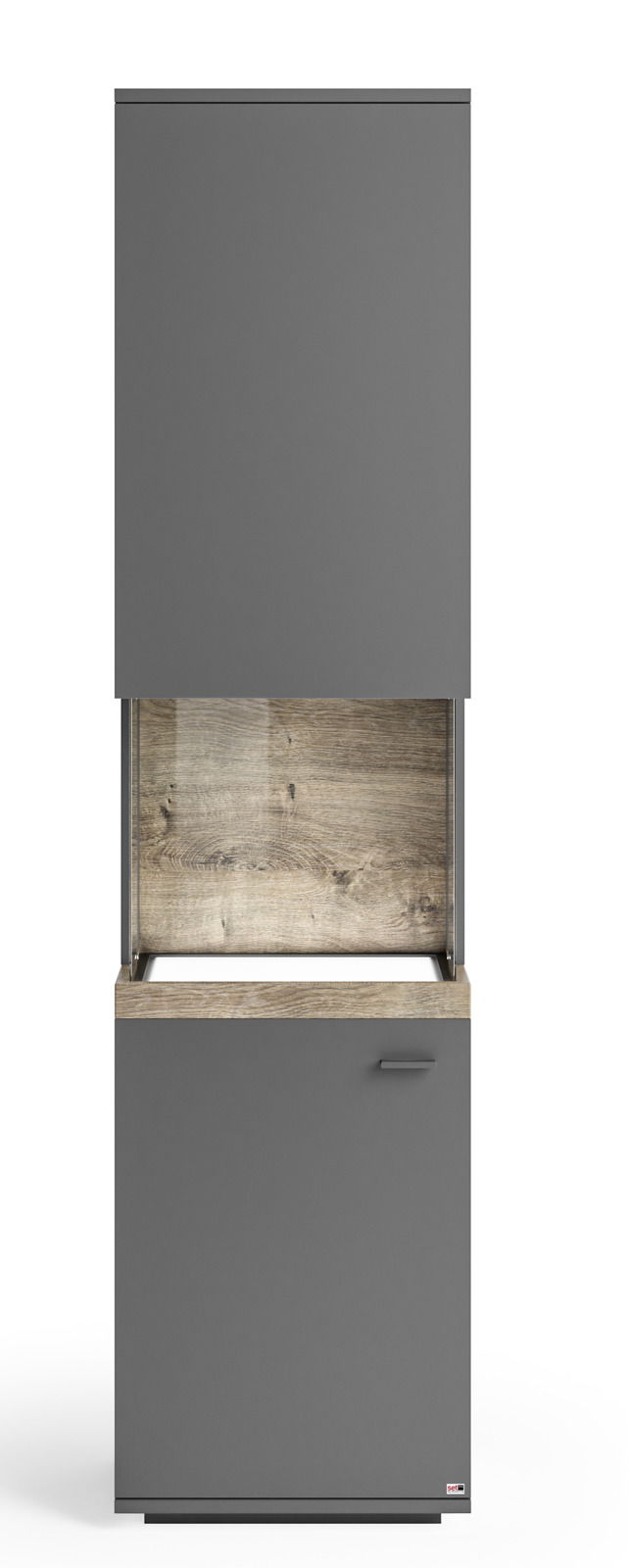 Vitrine in grauer Farbe mit Holzdetails, frontal betrachtet