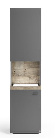 Vitrine in grauer Farbe mit Holzdetails, frontal betrachtet