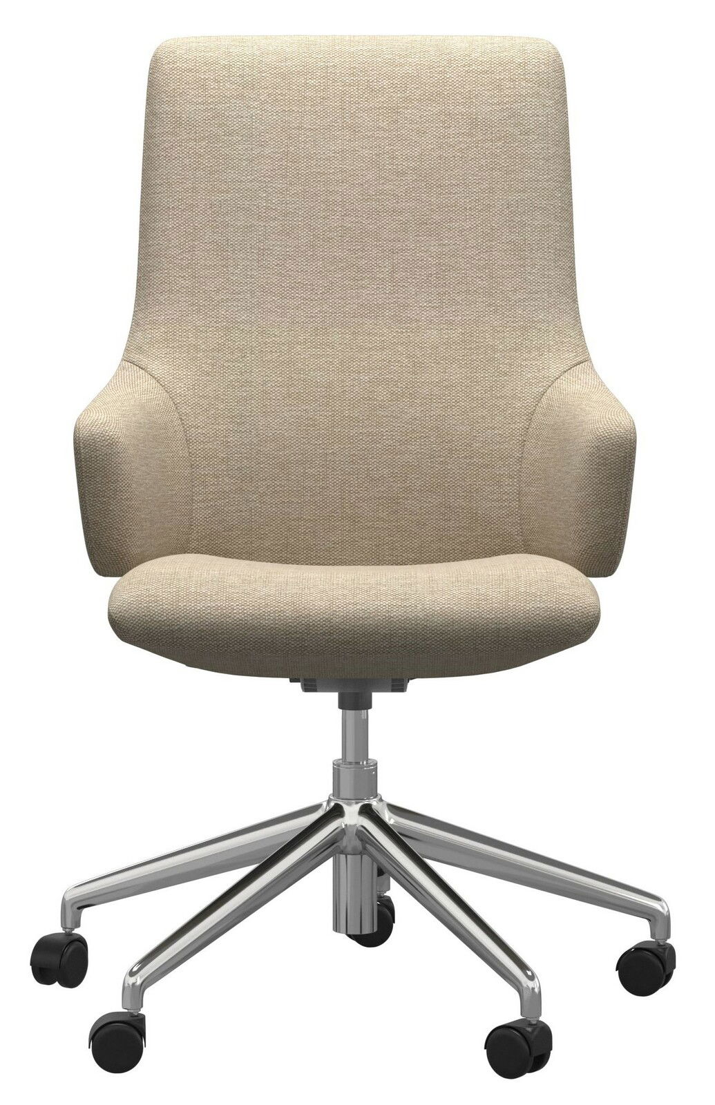 Beiger Home Office Sessel mit Armlehnen und verchromtem Drehfuß, Vorderansicht
