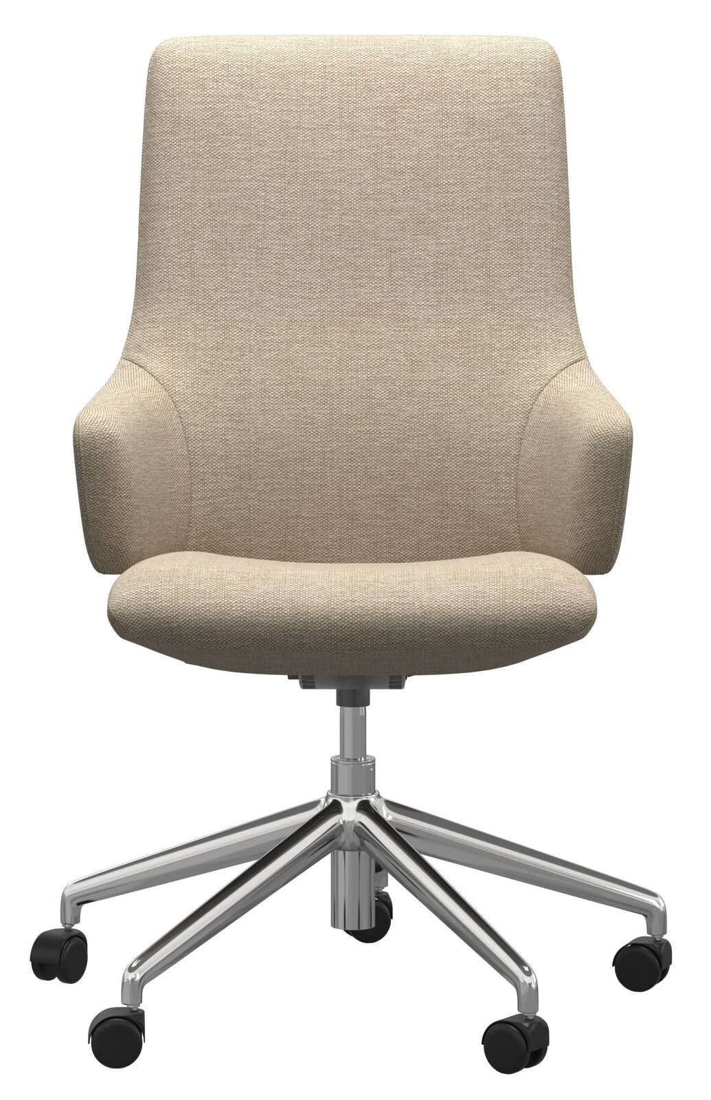 Beiger Home Office Sessel mit Armlehnen und verchromtem Drehfuß, Vorderansicht