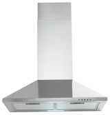 Edelstahl-Dunstabzugshaube in Frontalansicht mit Bedienelementen an der rechten Seite