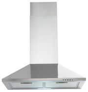 Edelstahl-Dunstabzugshaube in Frontalansicht mit Bedienelementen an der rechten Seite