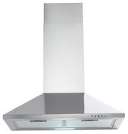 Edelstahl-Dunstabzugshaube in Frontalansicht mit Bedienelementen an der rechten Seite