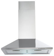 Edelstahl-Dunstabzugshaube in Frontalansicht mit Bedienelementen an der rechten Seite