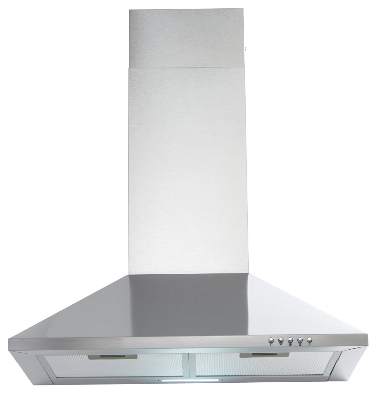 Edelstahl-Dunstabzugshaube in Frontalansicht mit Bedienelementen an der rechten Seite