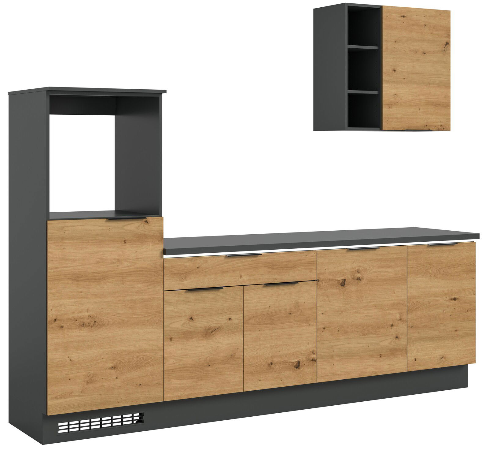 Küchenblock 260 in moderner Holzoptik mit grauen Akzenten, Frontansicht