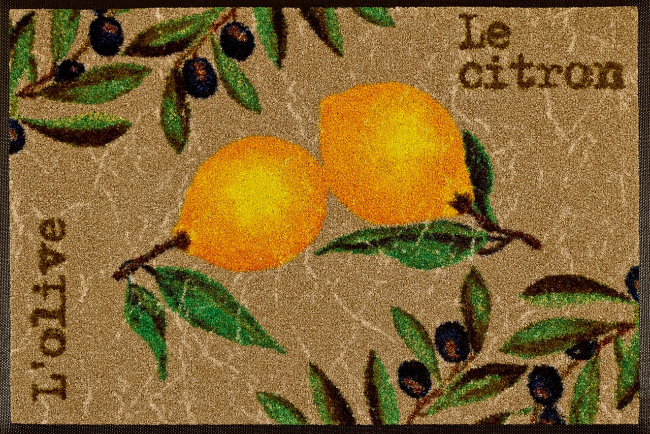 Zurbrüggen Fußmatte LE CITRON Fußmatte mit zwei gelben Zitronen und grünen Blättern auf beigem Hintergrund, dekoriert mit Olivenzweigen. Perspektive von oben.