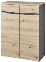 Frontale Ansicht eines modernen Highboards mit Holzoptik und zwei Schubladen.