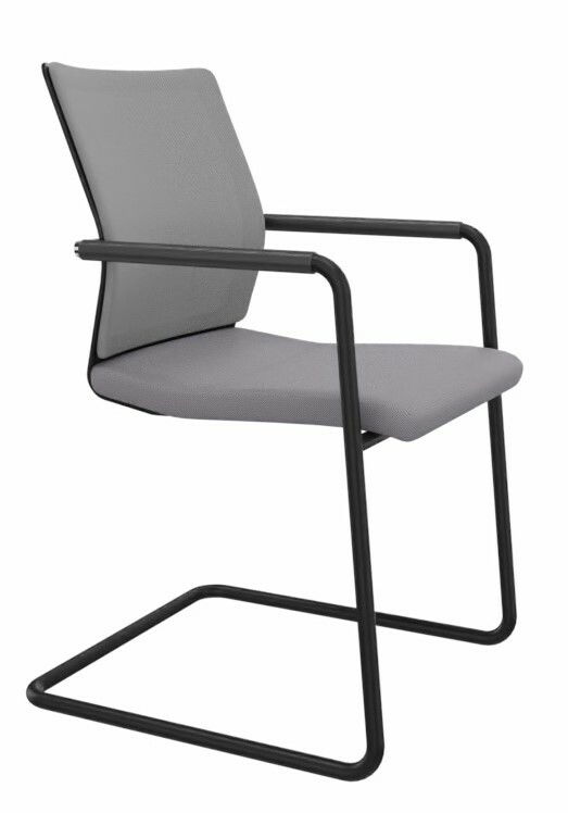 Grauer Freischwinger-Stuhl mit schwarzem Metallrahmen, seitliche Perspektive