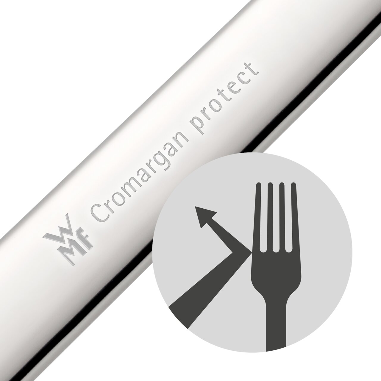 Nahaufnahme eines Besteckteils mit der Gravur 'Cromargan protect' und einem Symbol, das die Kratzfestigkeit des Materials darstellt.