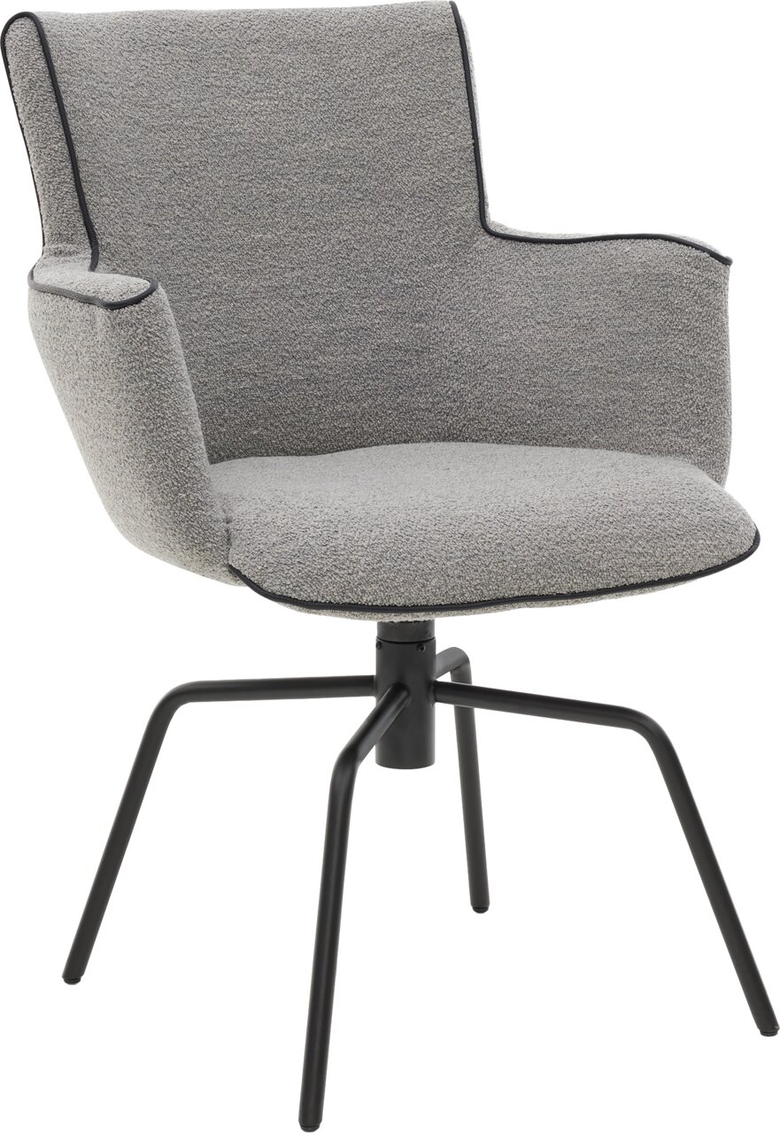 Musterring Fauteuil DE HEER HANNIS Gevoerde draaistoel met lichtgrijze bouclébekleding en een zwart metalen voetkruis, vrijstaand op een witte achtergrond, schuin vooraanzicht