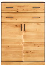 Hochkommode aus hellem Holz mit zwei Schubladen und zwei Türen, frontale Ansicht